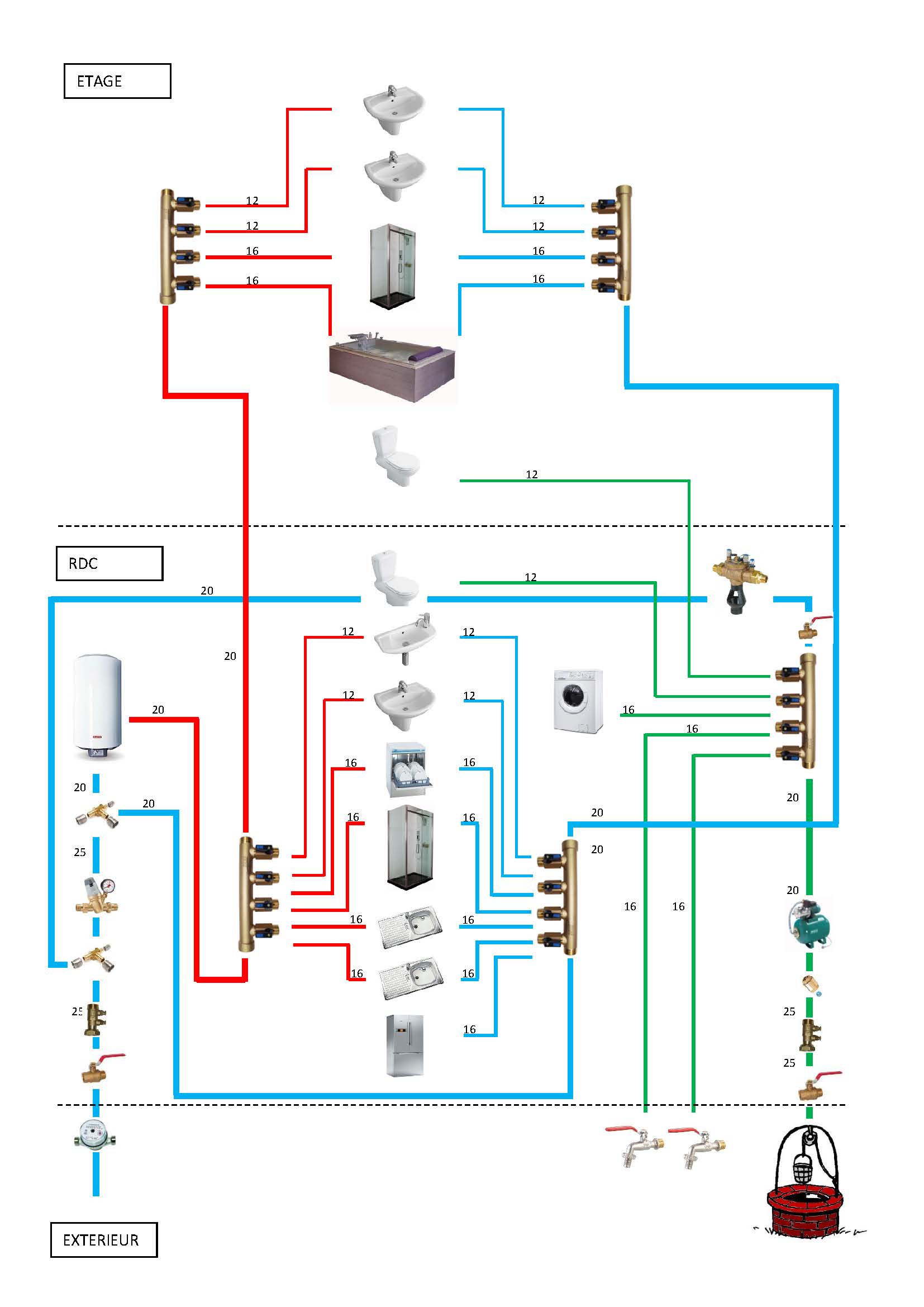 Schéma détaillé de robinet d'installation de plomberie de tuyaux de robinet  dans le mur de salle de bains image libre de droit par ParStud © #532888804
